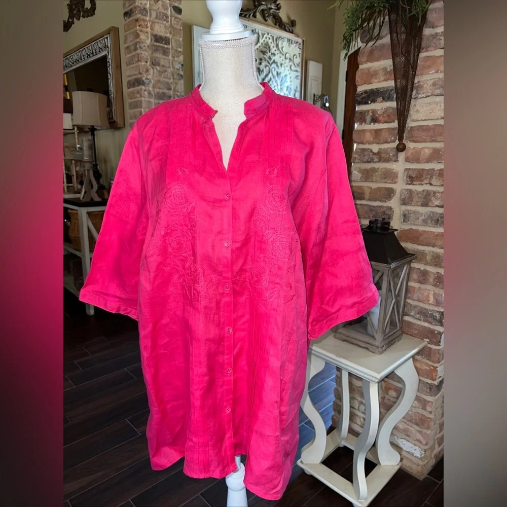 Tweeds Womens Pink Linen Embroidered 3/4 Sleeves Scoop Neck Shirt Top Size 3X - Picture 1 of 13